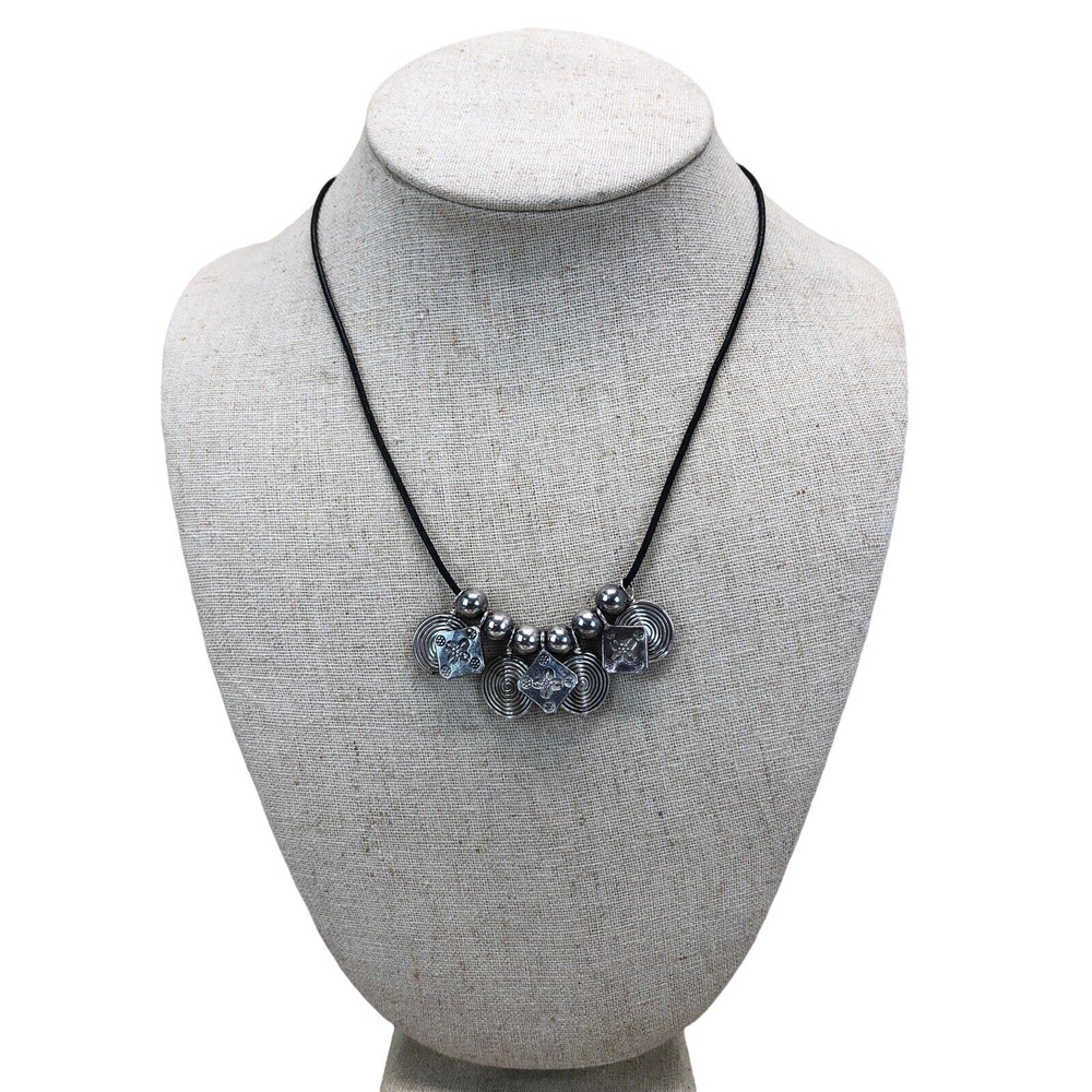 Vintage Boho Artisan 925 Sterling Silver Leather Charms Choker Necklace